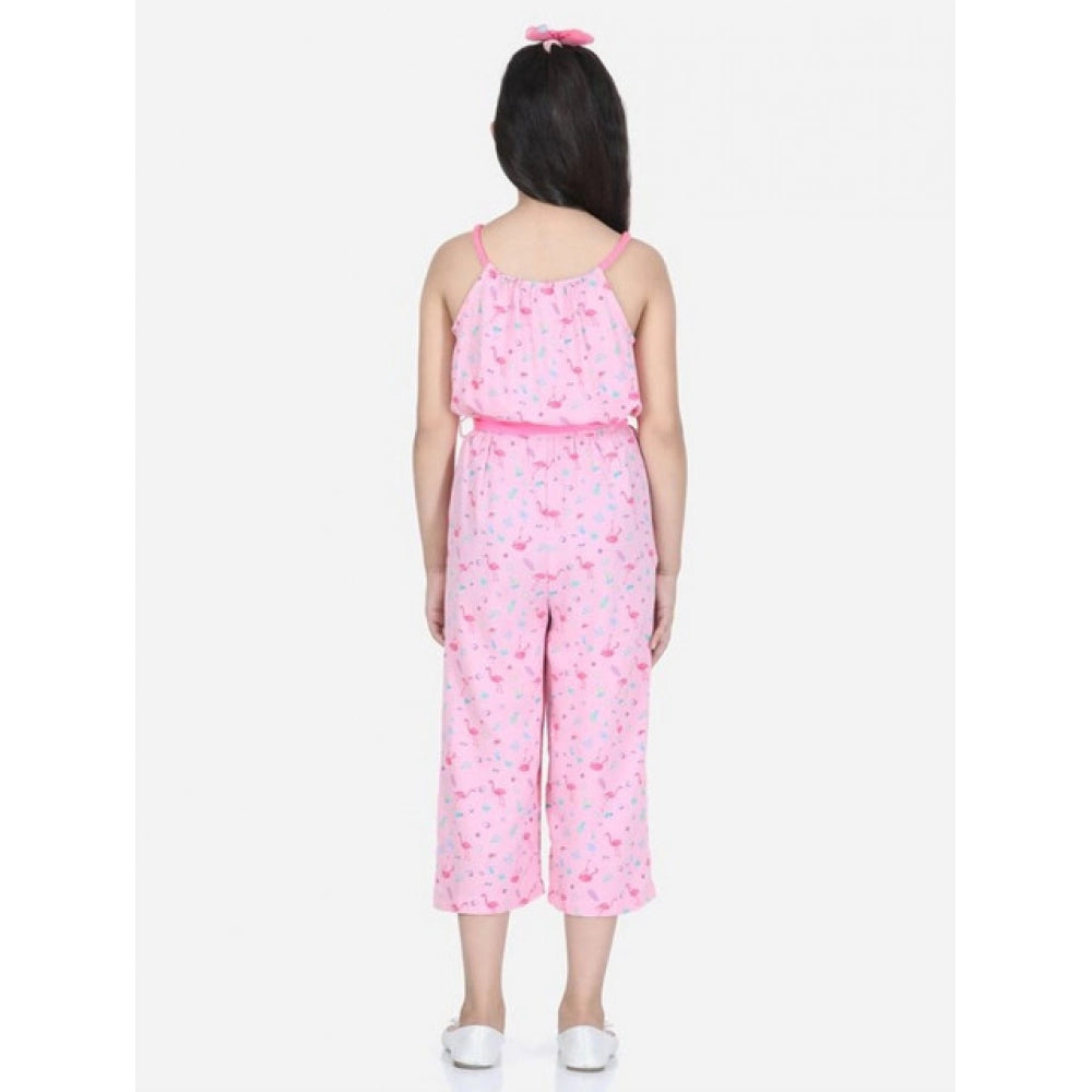 Amfyn Girl's Rayon Flamingo Print Sleeveless Jumpsuit (Pink)