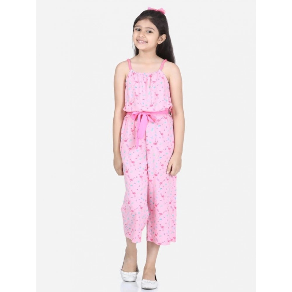 Amfyn Girl's Rayon Flamingo Print Sleeveless Jumpsuit (Pink)