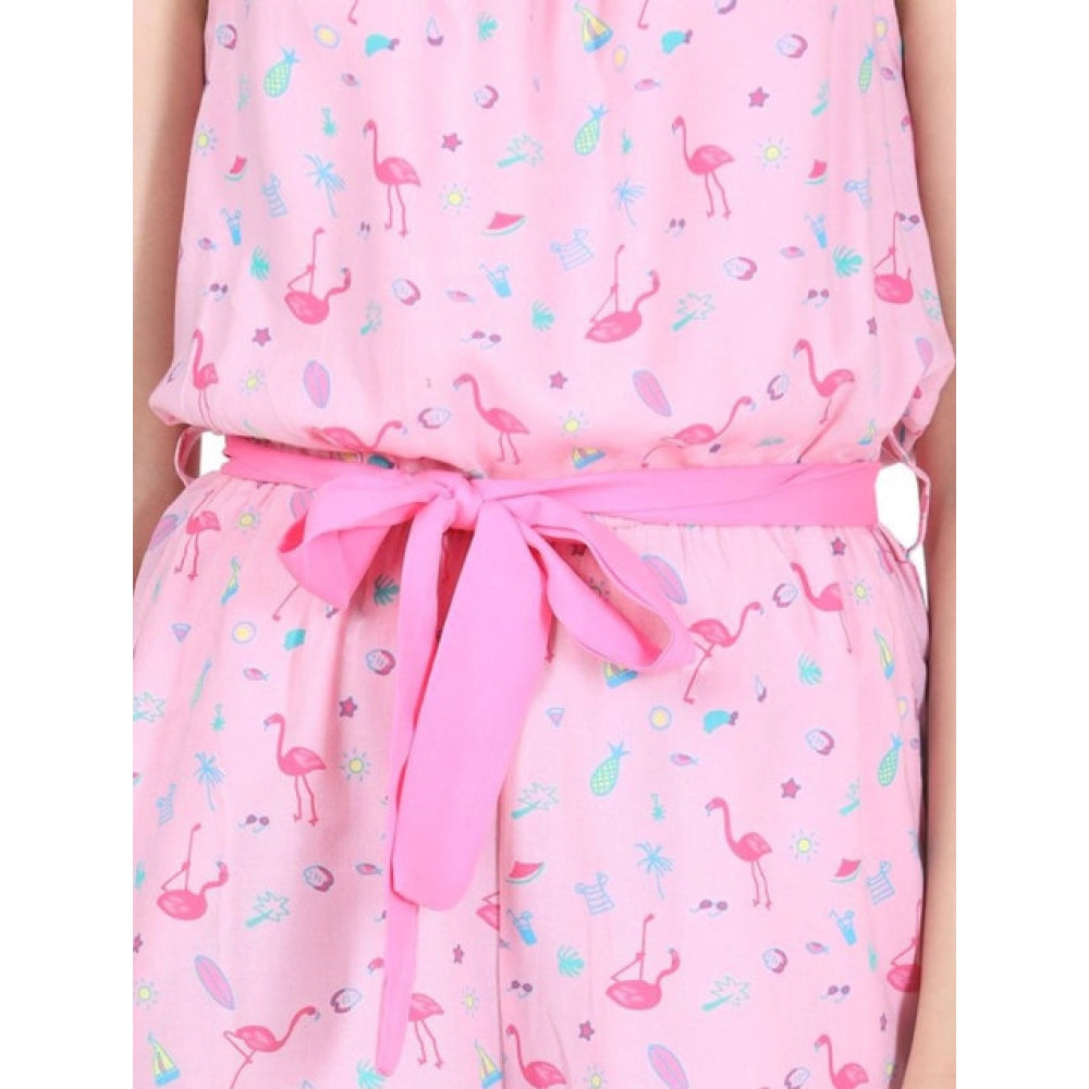 Amfyn Girl's Rayon Flamingo Print Sleeveless Jumpsuit (Pink)
