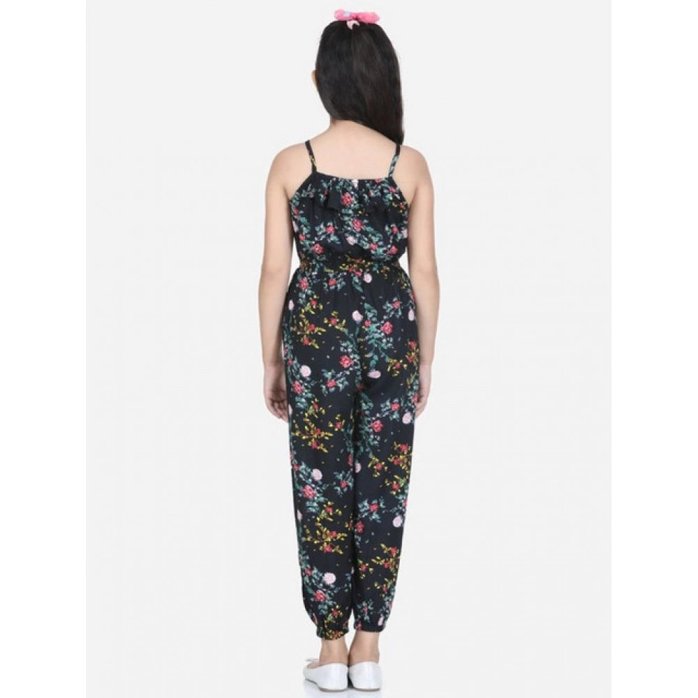Amfyn Girl's Rayon Flamingo Print Sleeveless Jumpsuit (Black-Multicolor)