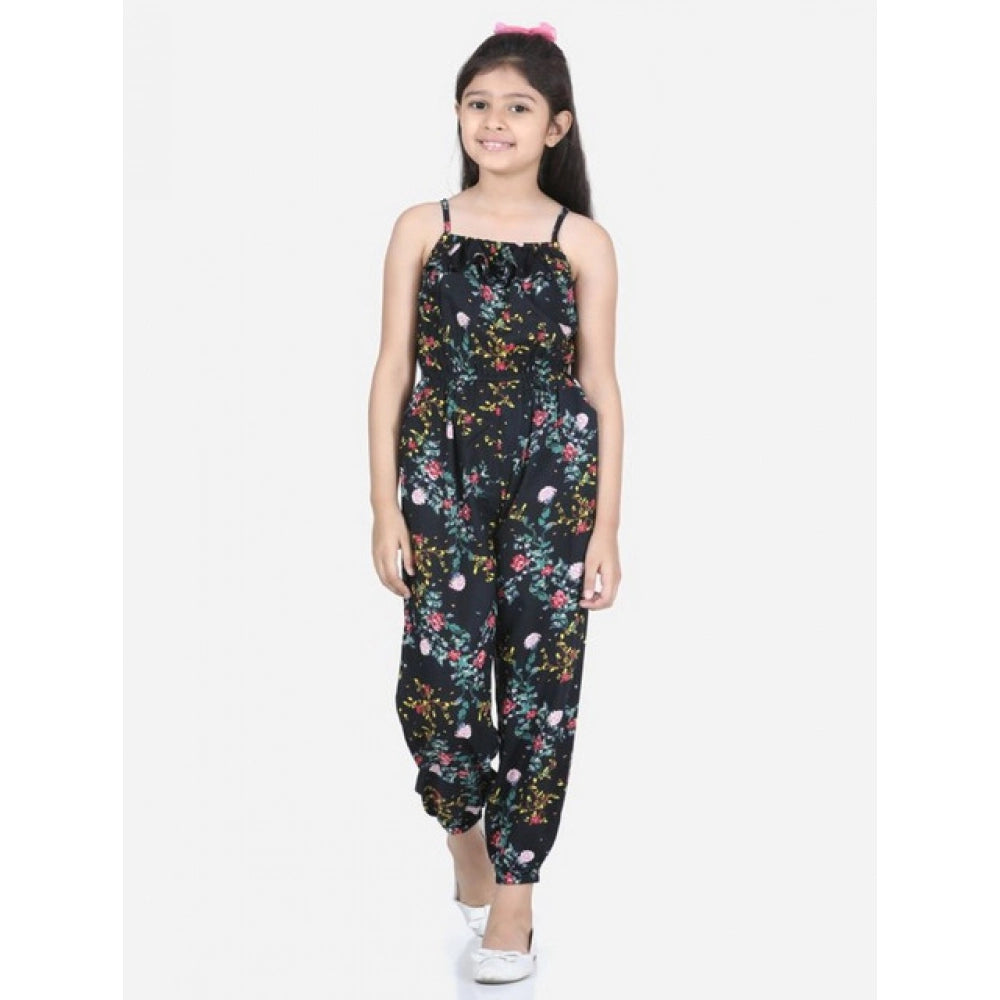 Amfyn Girl's Rayon Flamingo Print Sleeveless Jumpsuit (Black-Multicolor)