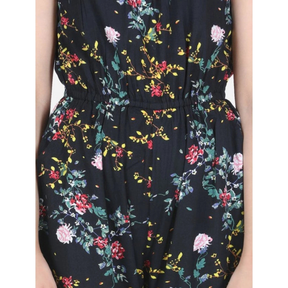 Amfyn Girl's Rayon Flamingo Print Sleeveless Jumpsuit (Black-Multicolor)
