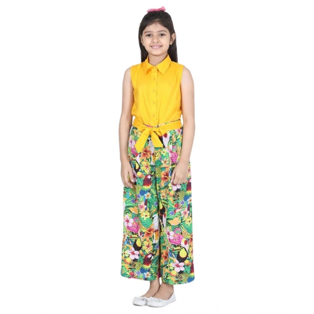 Amfyn Girl's Rayon Flamingo Print Sleeveless Jumpsuit (Yellow-Multicolor)