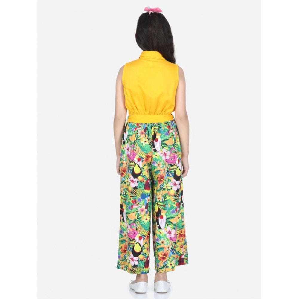 Amfyn Girl's Rayon Flamingo Print Sleeveless Jumpsuit (Yellow-Multicolor)