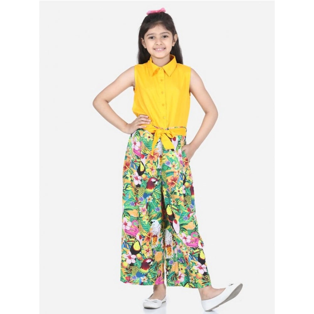 Amfyn Girl's Rayon Flamingo Print Sleeveless Jumpsuit (Yellow-Multicolor)