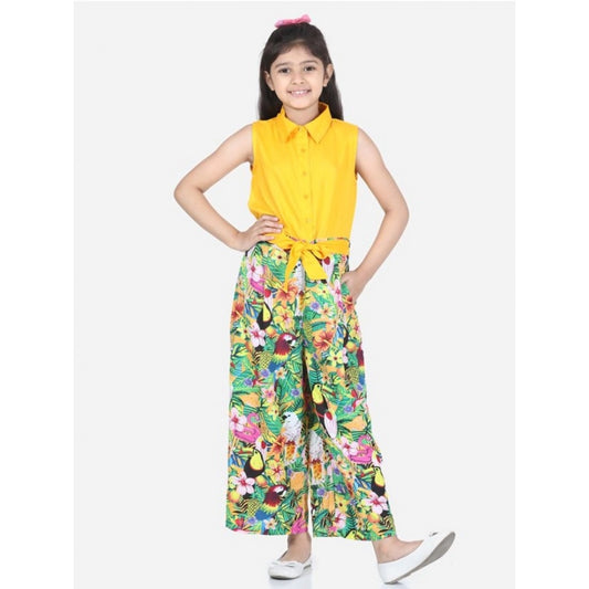 Amfyn Girl's Rayon Flamingo Print Sleeveless Jumpsuit (Yellow-Multicolor)