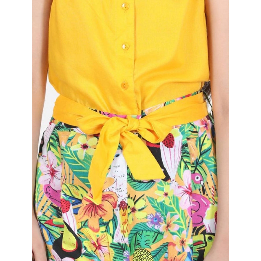 Amfyn Girl's Rayon Flamingo Print Sleeveless Jumpsuit (Yellow-Multicolor)