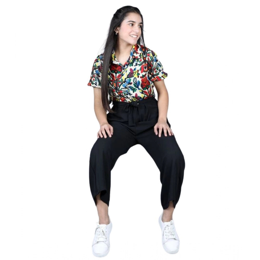 Amfyn Girl's Polyester Printed Short Sleeves Jumpsuit (Multicolor-Black)