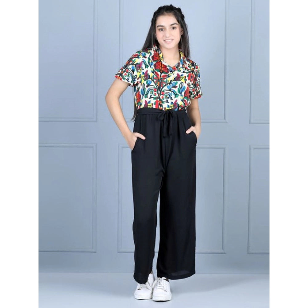 Amfyn Girl's Polyester Printed Short Sleeves Jumpsuit (Multicolor-Black)