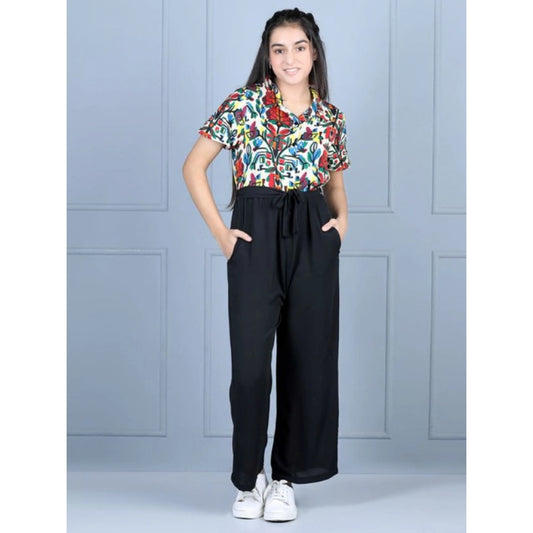 Amfyn Girl's Polyester Printed Short Sleeves Jumpsuit (Multicolor-Black)