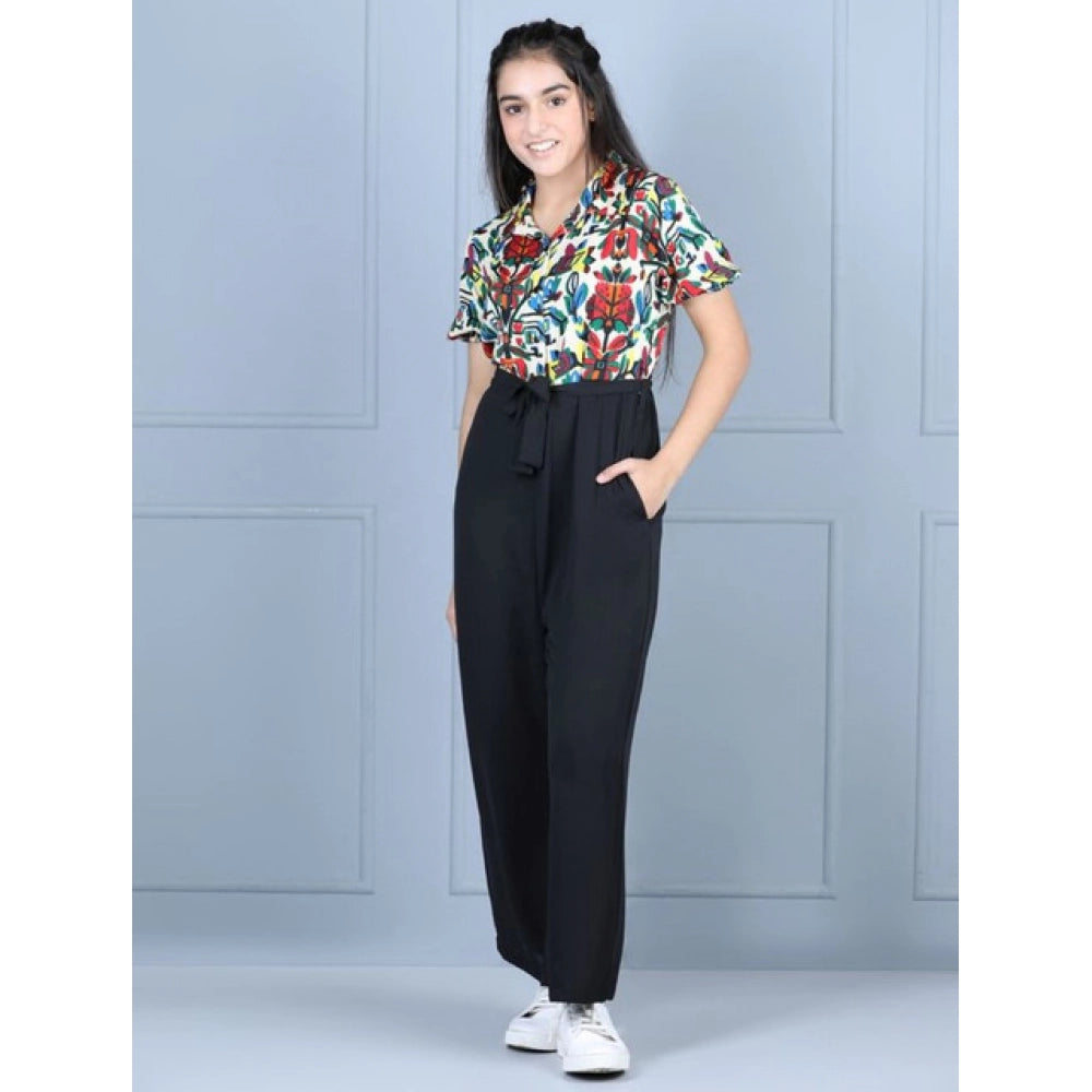 Amfyn Girl's Polyester Printed Short Sleeves Jumpsuit (Multicolor-Black)