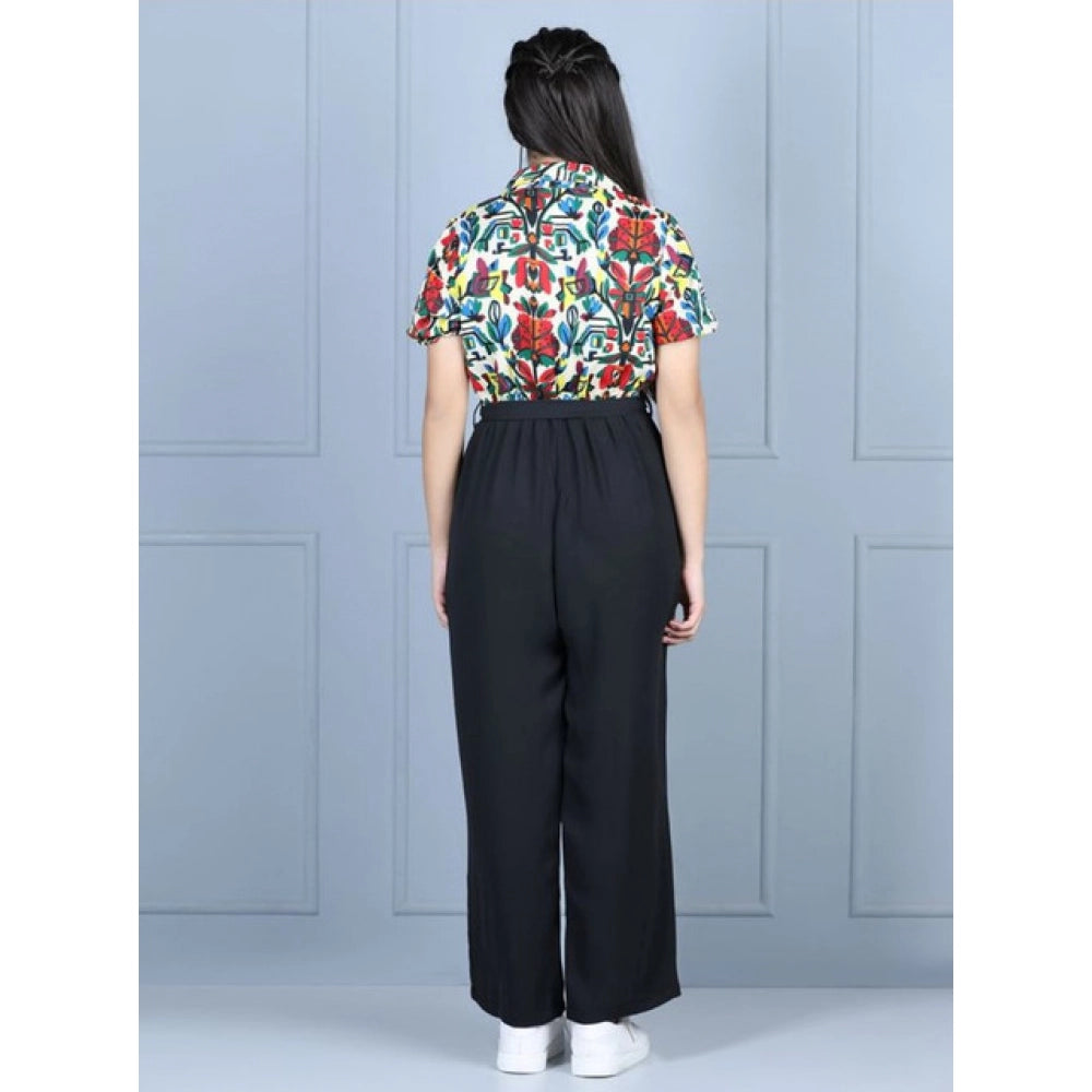 Amfyn Girl's Polyester Printed Short Sleeves Jumpsuit (Multicolor-Black)