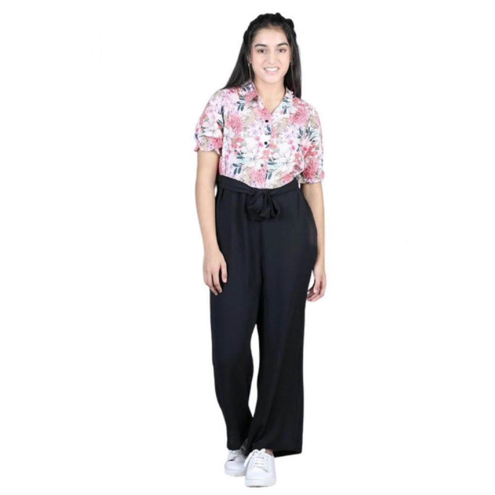 Amfyn Girl's Polyester Floral Short Sleeves Jumpsuit (White-Black)