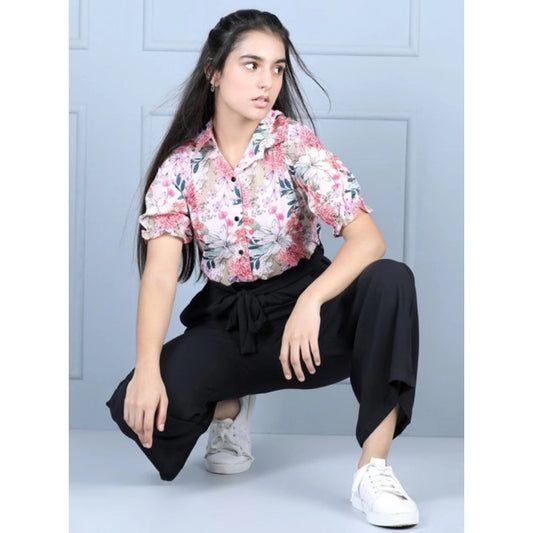 Amfyn Girl's Polyester Floral Short Sleeves Jumpsuit (White-Black)