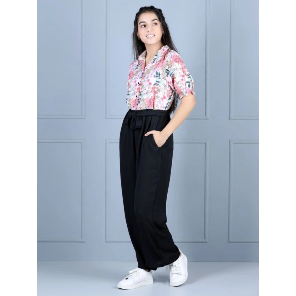 Amfyn Girl's Polyester Floral Short Sleeves Jumpsuit (White-Black)