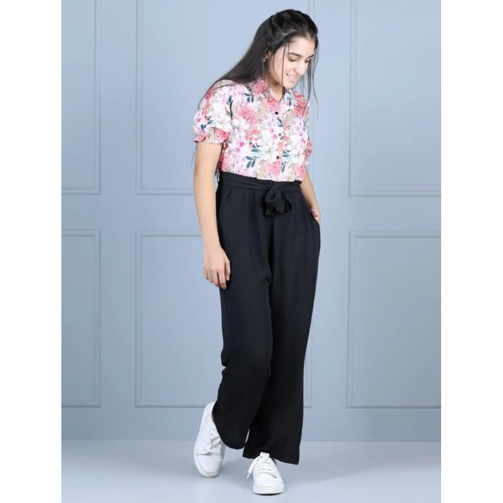 Amfyn Girl's Polyester Floral Short Sleeves Jumpsuit (White-Black)