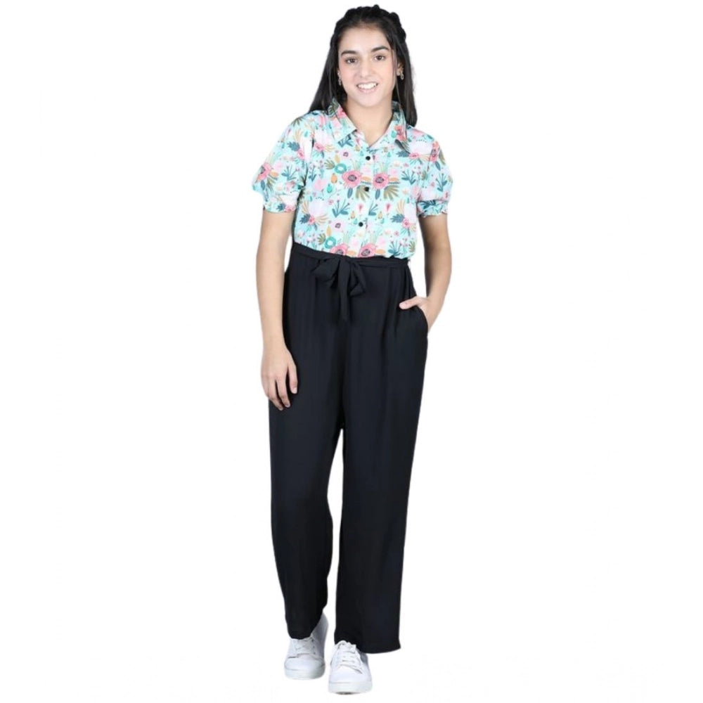 Amfyn Girl's Polyester Floral Short Sleeves Jumpsuit (Green-Black)