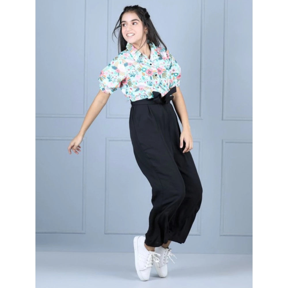 Amfyn Girl's Polyester Floral Short Sleeves Jumpsuit (Green-Black)