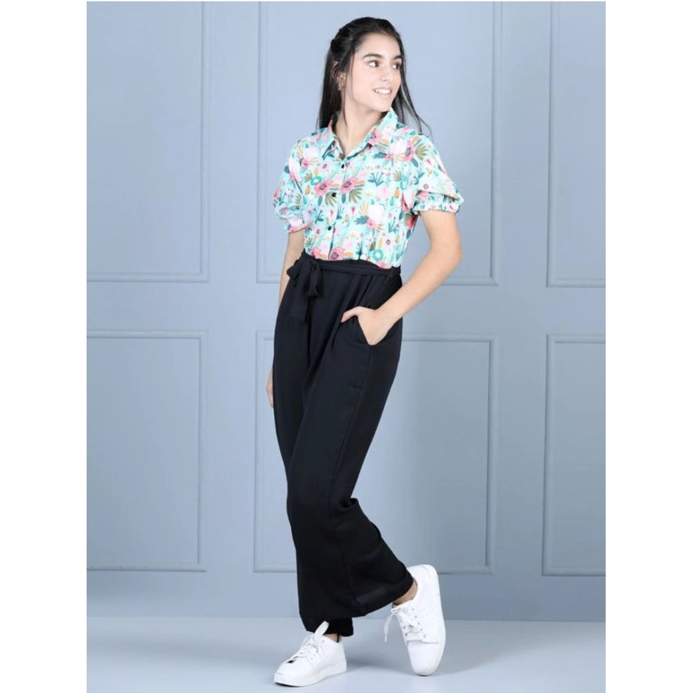 Amfyn Girl's Polyester Floral Short Sleeves Jumpsuit (Green-Black)