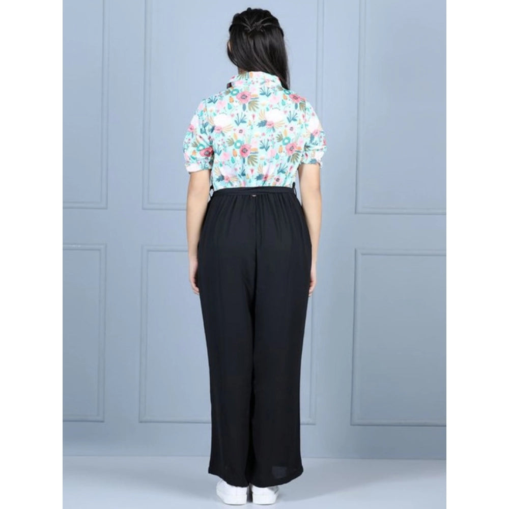 Amfyn Girl's Polyester Floral Short Sleeves Jumpsuit (Green-Black)