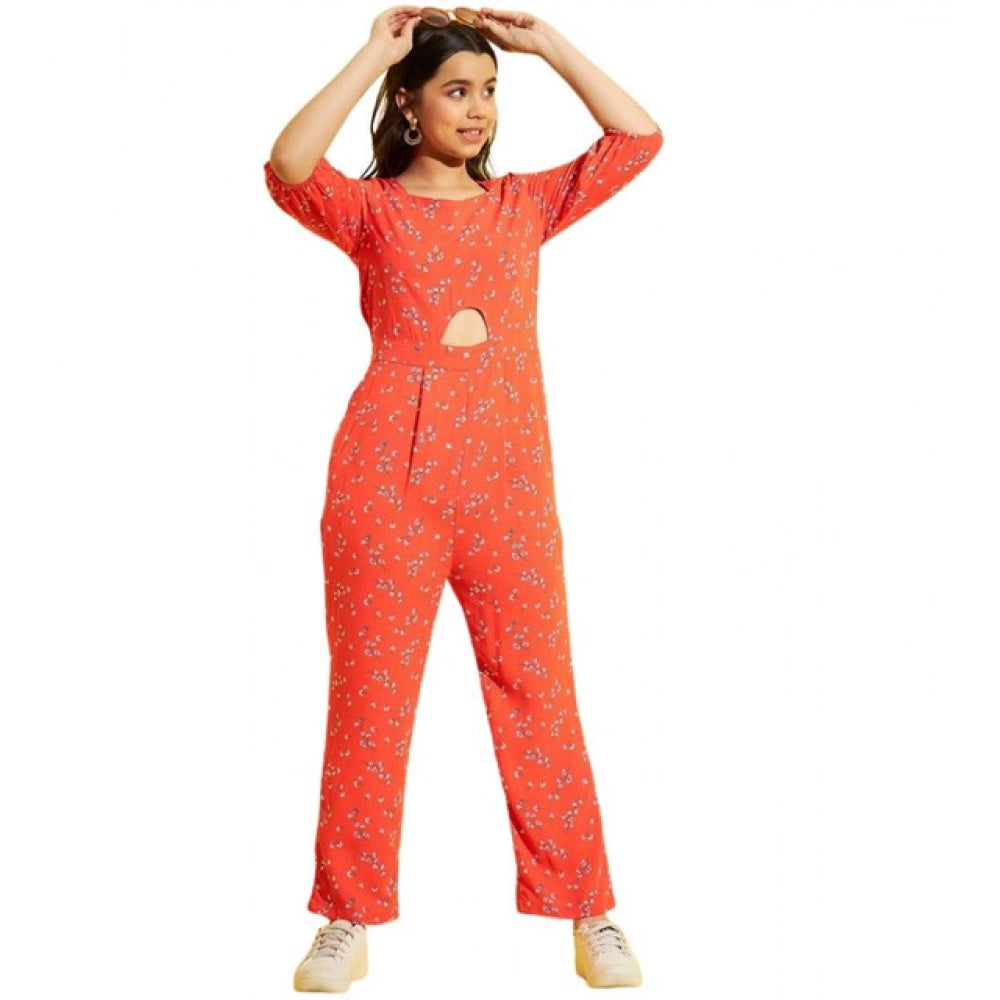 Amfyn Girl's Polyester Floral 3/4th Sleeve Jumpsuit (Coral)