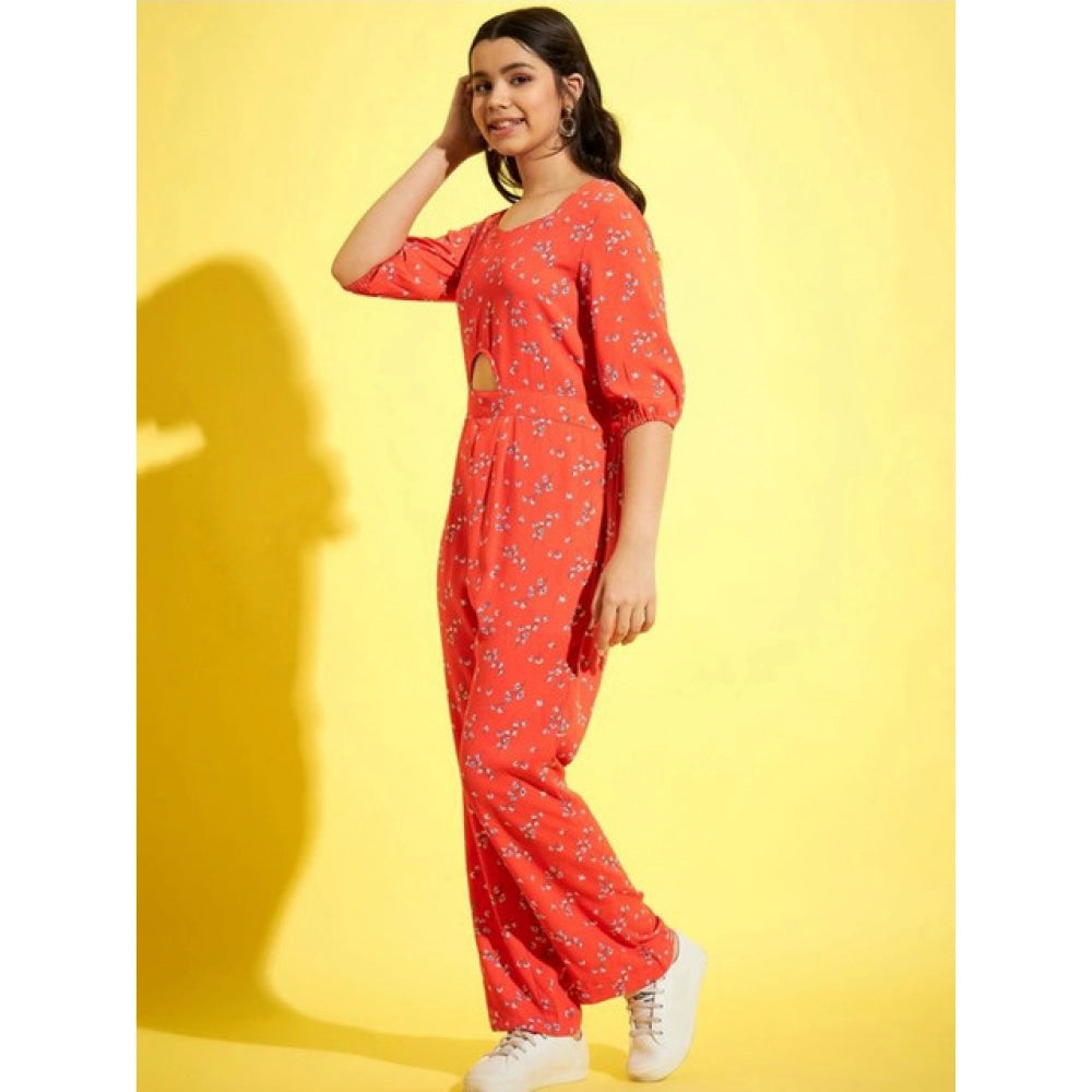 Amfyn Girl's Polyester Floral 3/4th Sleeve Jumpsuit (Coral)