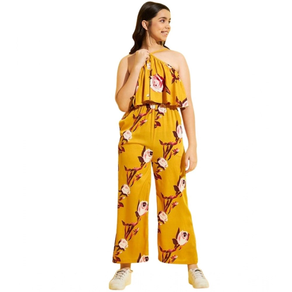 Amfyn Girl's Polyester Crepe Floral Sleeveless Jumpsuit (Mustard)