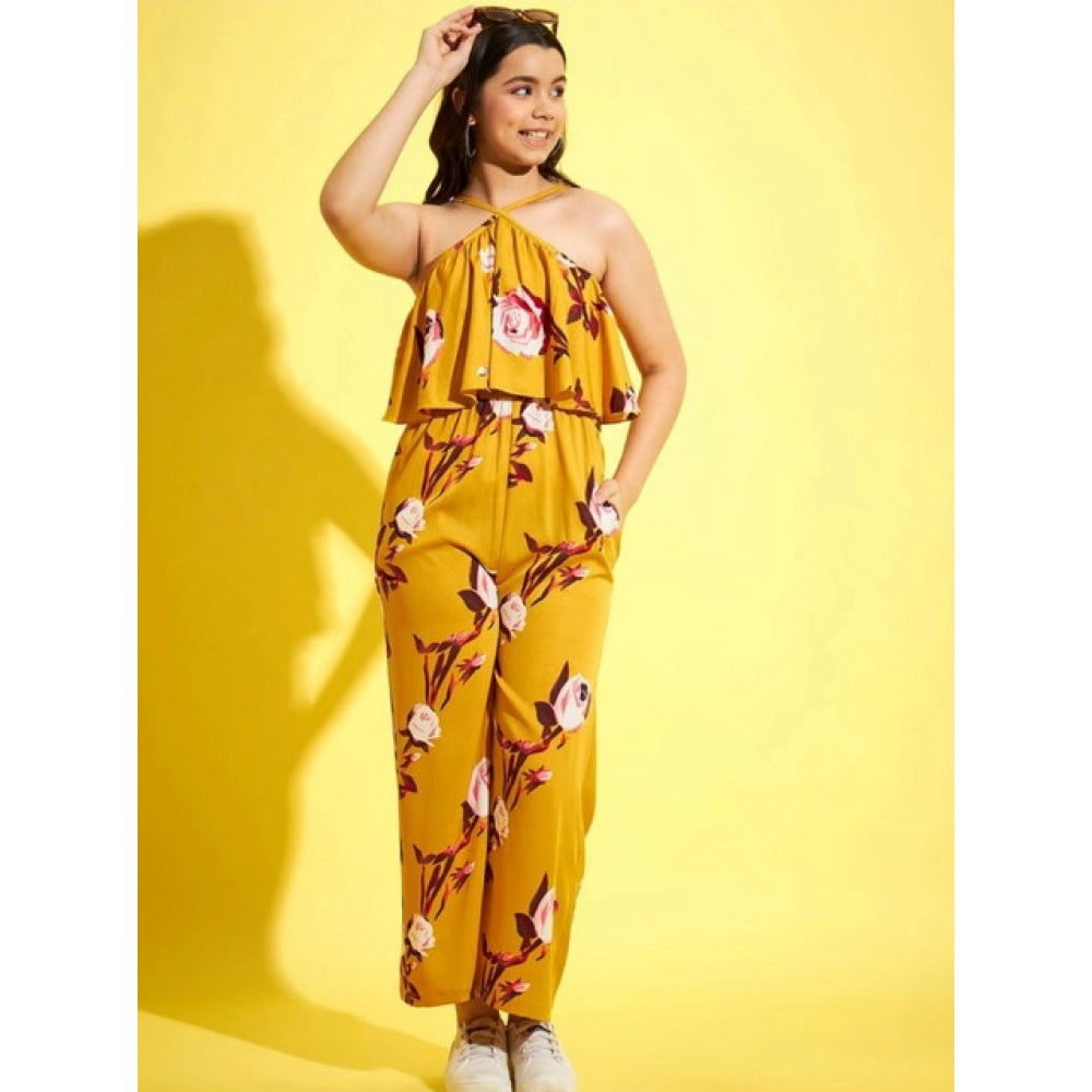 Amfyn Girl's Polyester Crepe Floral Sleeveless Jumpsuit (Mustard)