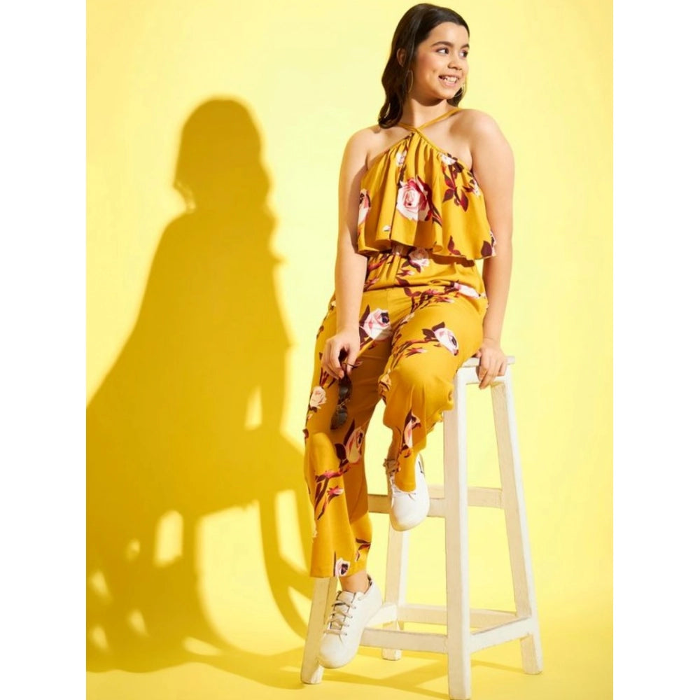 Amfyn Girl's Polyester Crepe Floral Sleeveless Jumpsuit (Mustard)