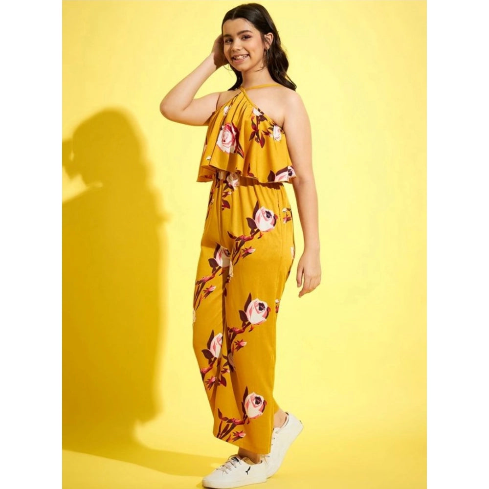 Amfyn Girl's Polyester Crepe Floral Sleeveless Jumpsuit (Mustard)
