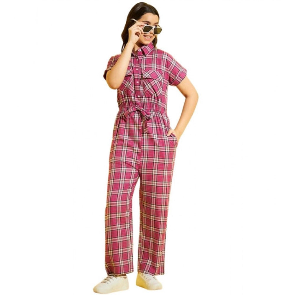 Amfyn Girl's Cotton Checkered Short Sleeves Jumpsuit (Pink)