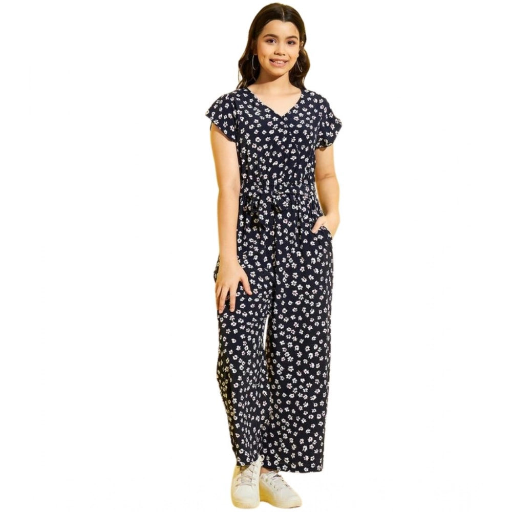 Amfyn Girl's Polyester Moss Floral Short Sleeves Jumpsuit (Navy-white)
