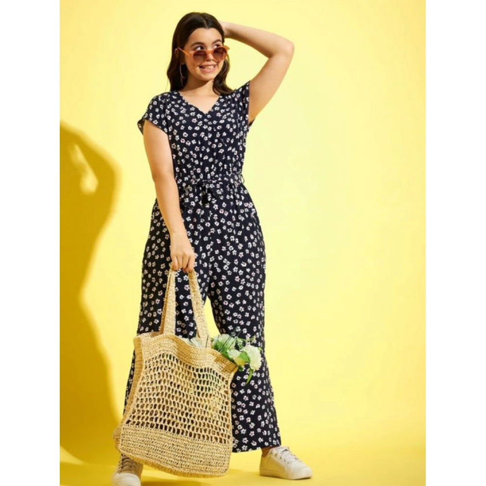 Amfyn Girl's Polyester Moss Floral Short Sleeves Jumpsuit (Navy-white)