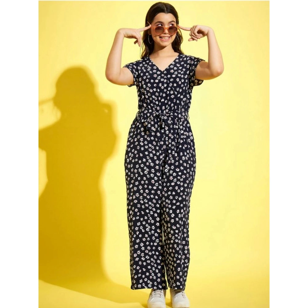 Amfyn Girl's Polyester Moss Floral Short Sleeves Jumpsuit (Navy-white)