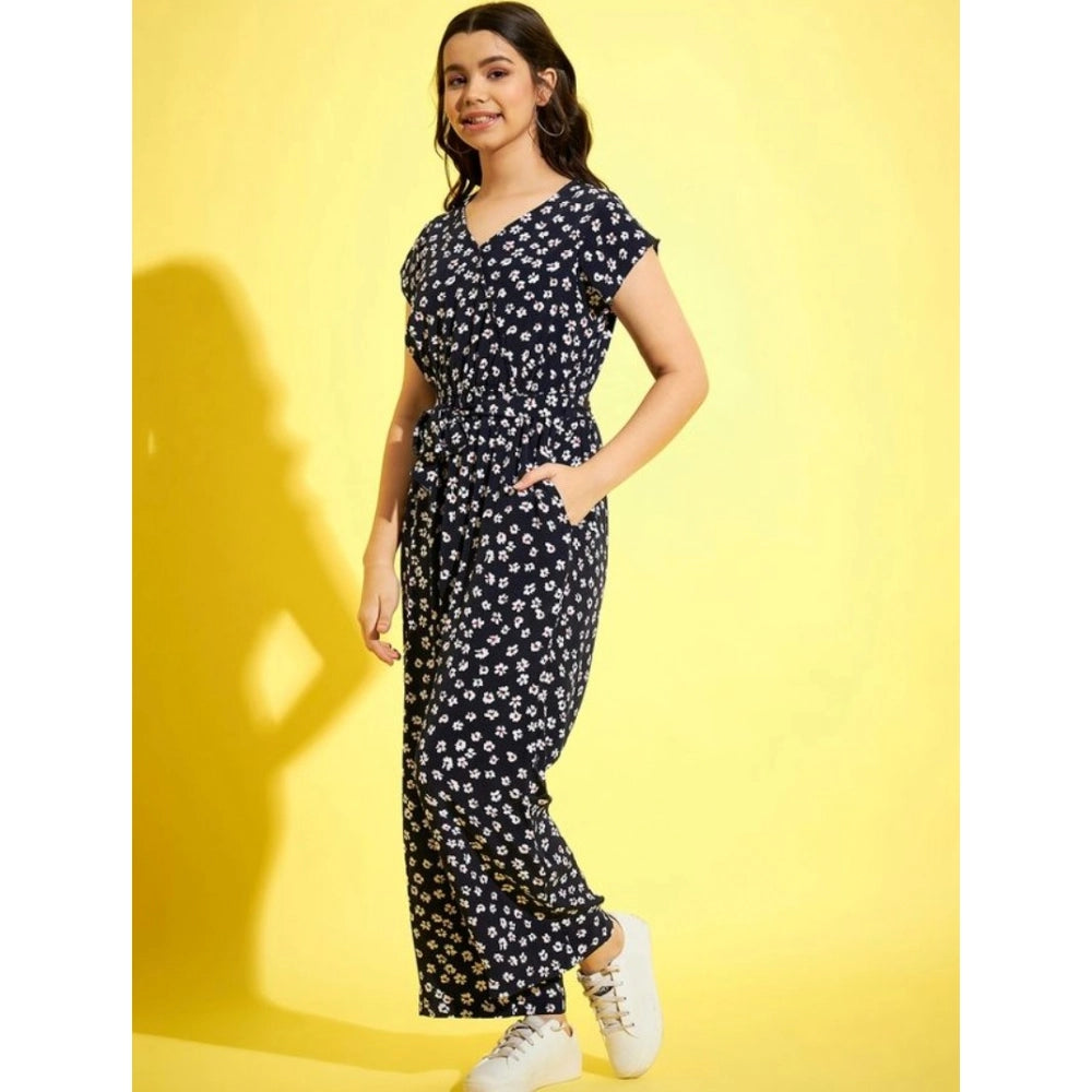 Amfyn Girl's Polyester Moss Floral Short Sleeves Jumpsuit (Navy-white)