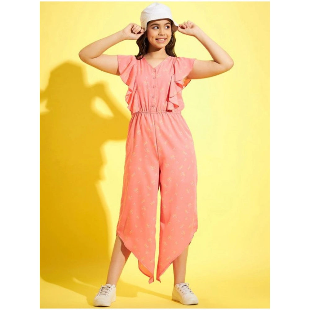Amfyn Girl's Polyester Floral Sleeveless Jumpsuit (Pink)