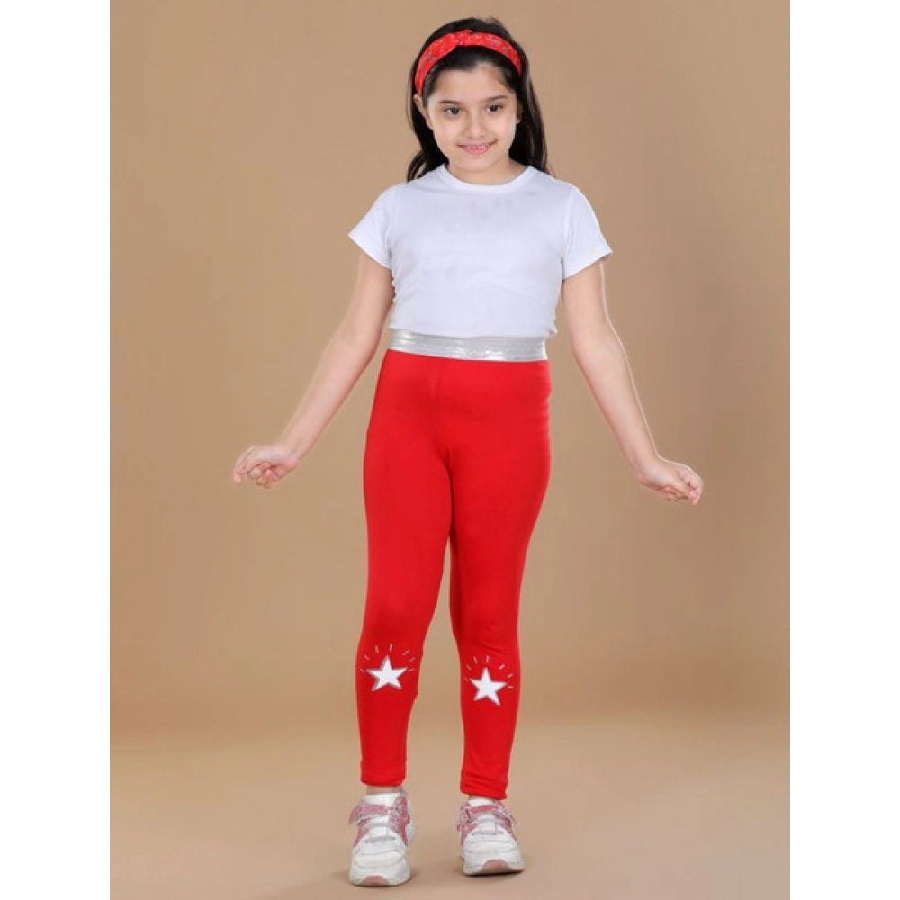 Amfyn Girl's Cotton Lycra Star Print Elasticated Leggings (Red)