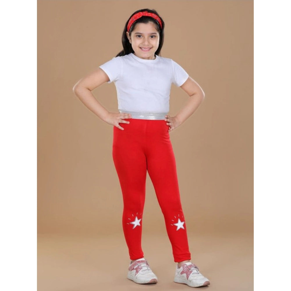 Amfyn Girl's Cotton Lycra Star Print Elasticated Leggings (Red)