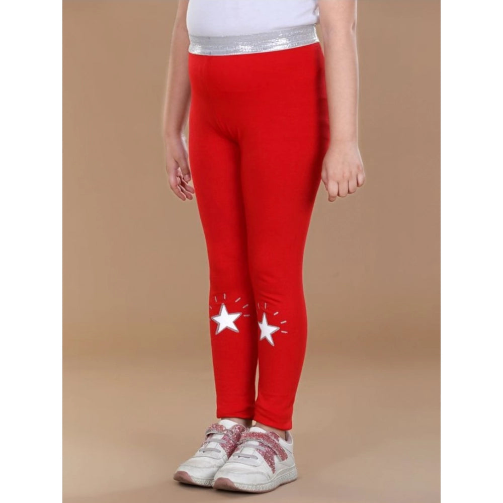 Amfyn Girl's Cotton Lycra Star Print Elasticated Leggings (Red)