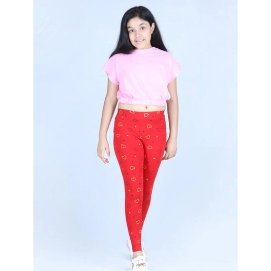 Amfyn Girl's Cotton Lycra Printed Elasticated Leggings (Red)