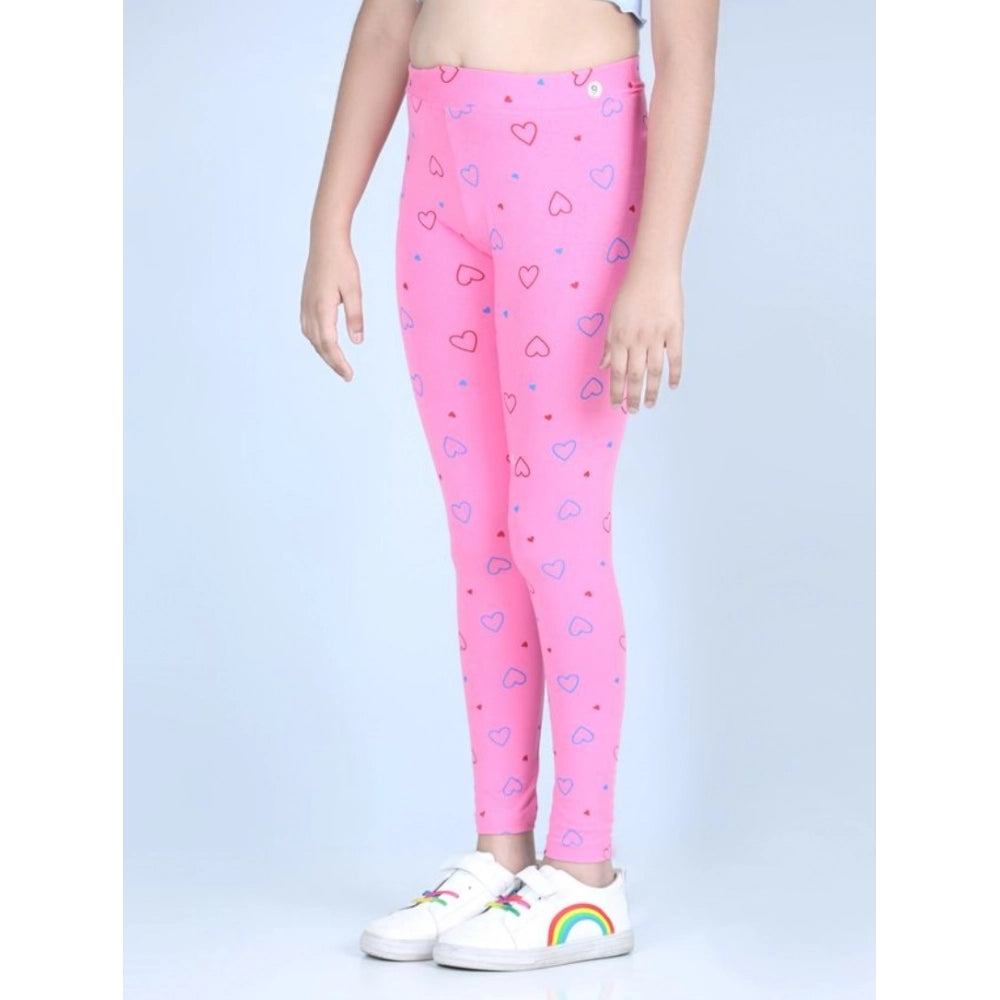 Amfyn Girl's Cotton Lycra Printed Elasticated Leggings (Light Pink)