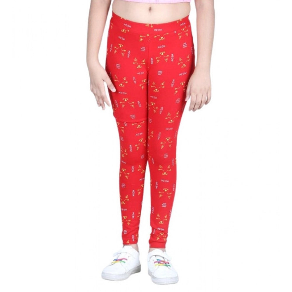Amfyn Girl's Cotton Lycra Printed Elasticated Leggings (Red)