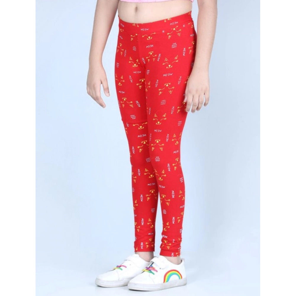 Amfyn Girl's Cotton Lycra Printed Elasticated Leggings (Red)