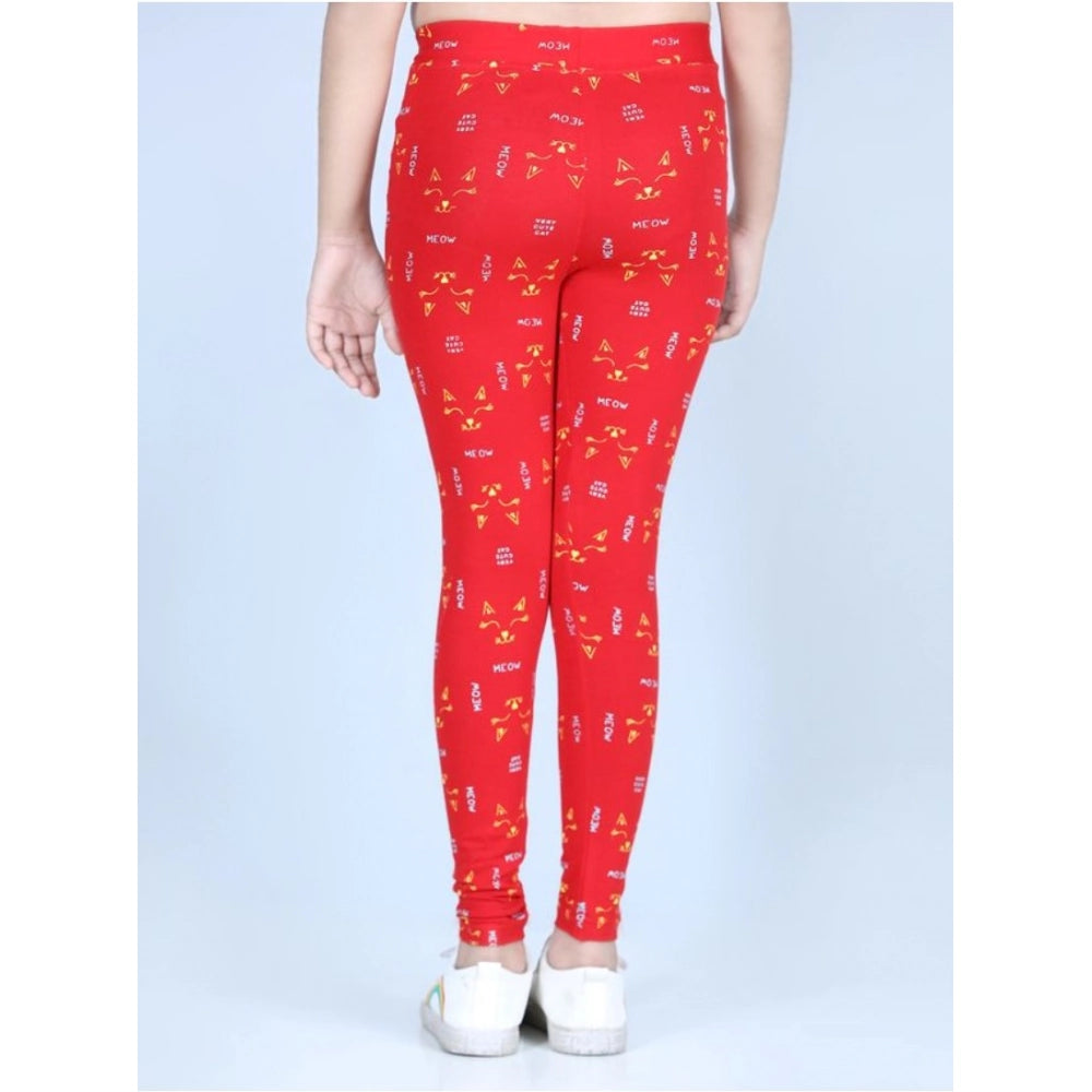 Amfyn Girl's Cotton Lycra Printed Elasticated Leggings (Red)