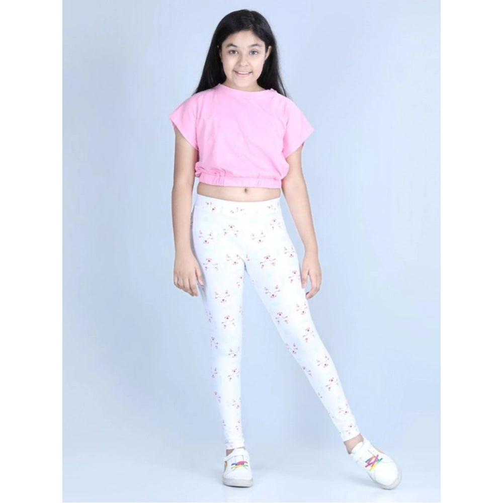 Amfyn Girl's Cotton Lycra Printed Elasticated Leggings (White)