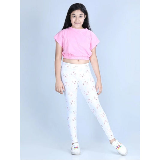 Amfyn Girl's Cotton Lycra Printed Elasticated Leggings (White)