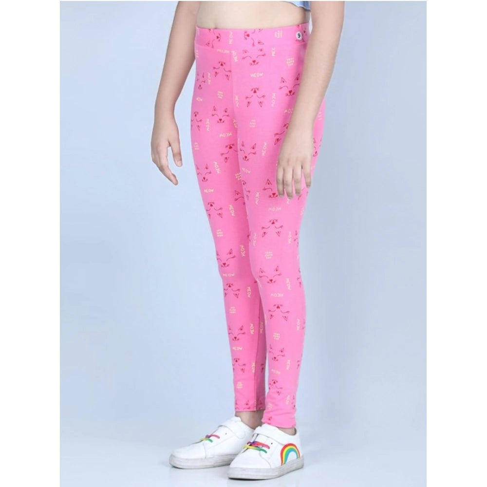 Amfyn Girl's Cotton Lycra Printed Elasticated Leggings (Pink)