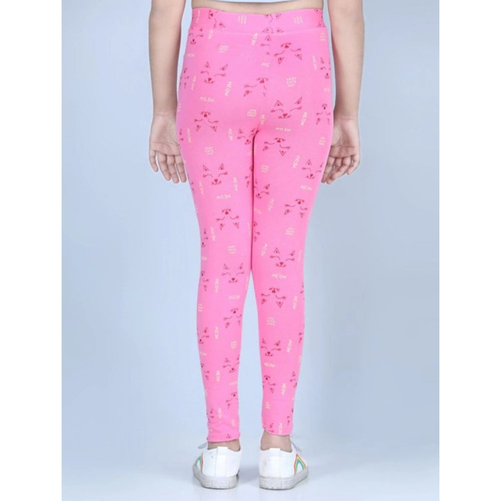 Amfyn Girl's Cotton Lycra Printed Elasticated Leggings (Pink)