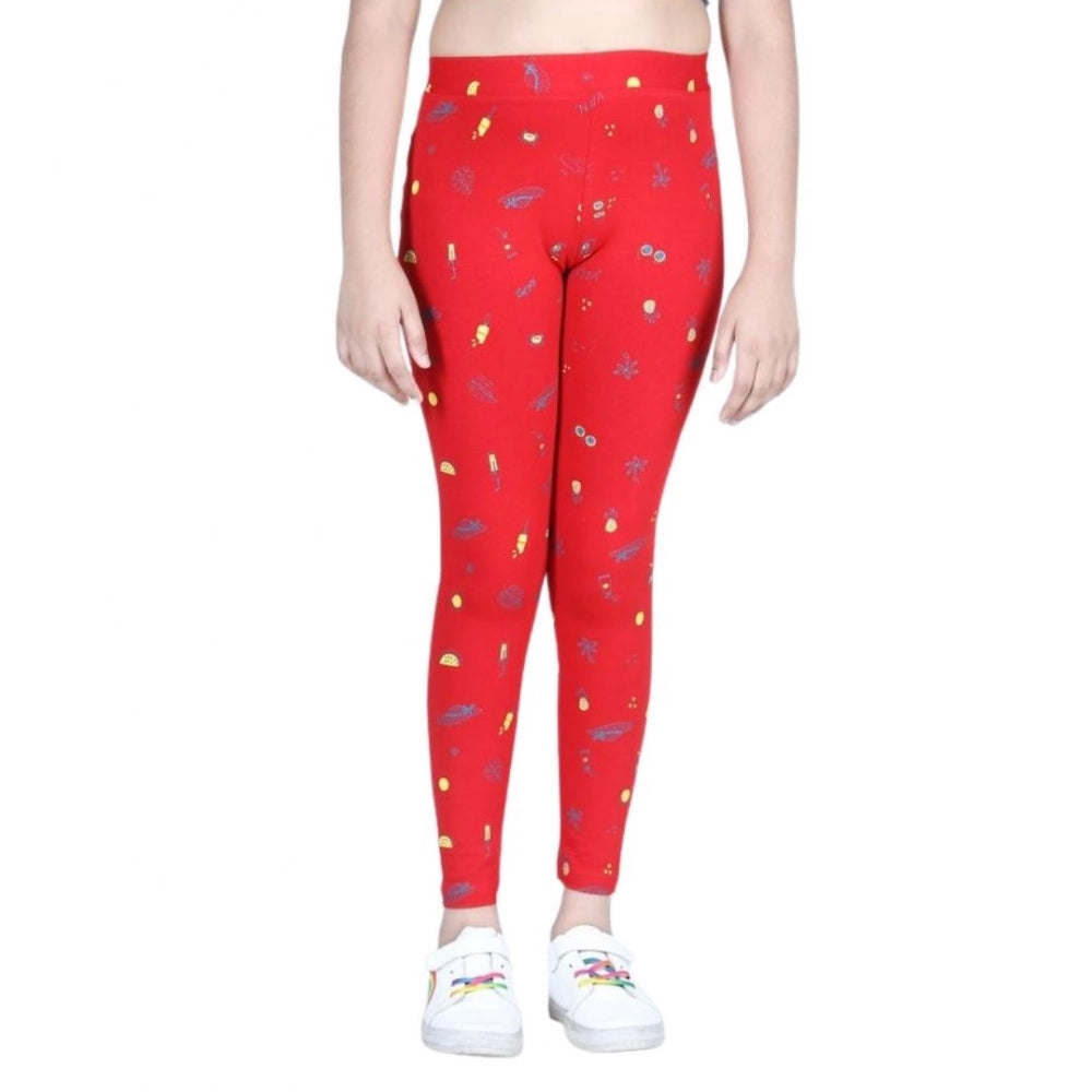 Amfyn Girl's Cotton Lycra Printed Elasticated Leggings (Red)