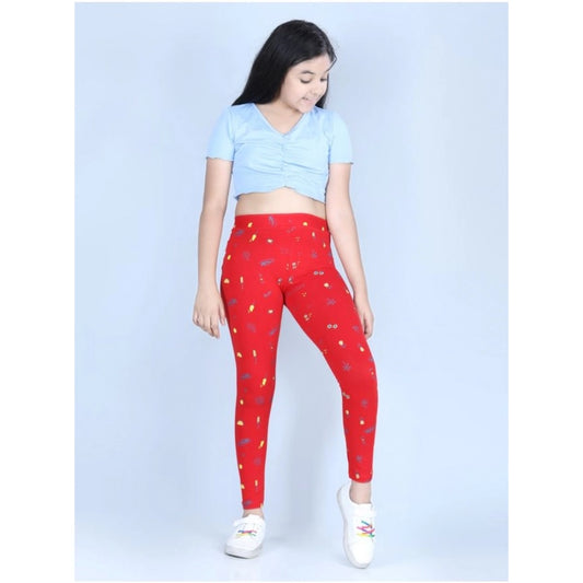 Amfyn Girl's Cotton Lycra Printed Elasticated Leggings (Red)
